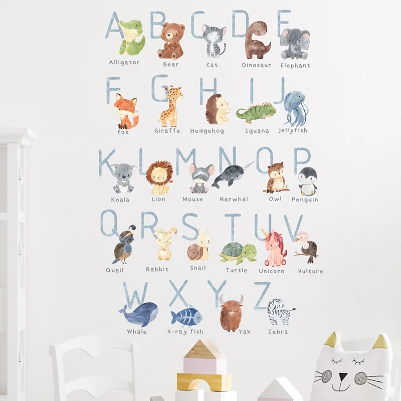 26 English Letter Wall Stickers English Word Cartoons Animal Wallpaper Children's Room Early Education Nursery Teaching Decals