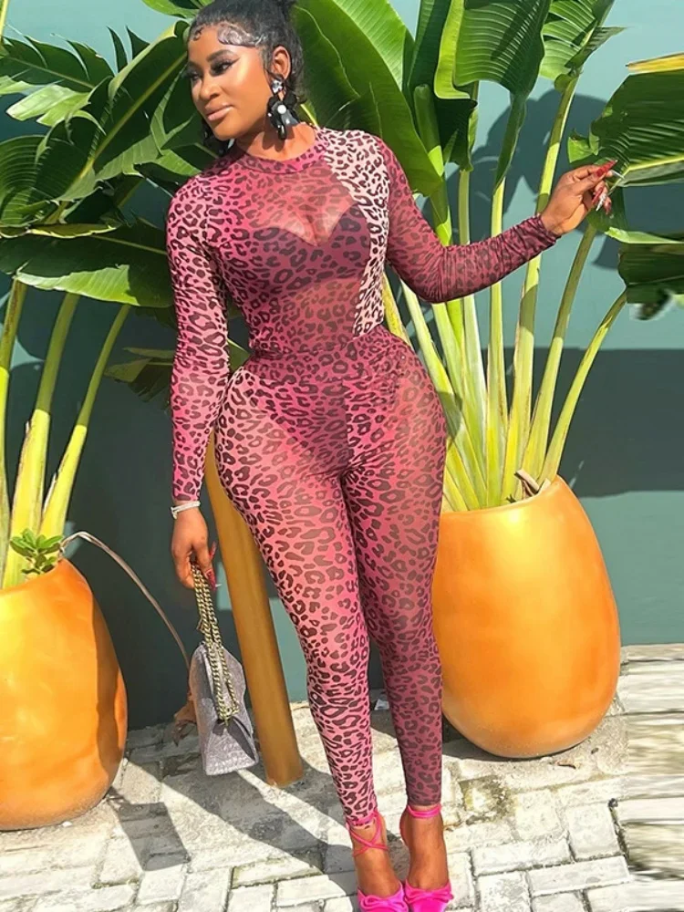 

Модный леопардовый женский сексуальный слегка прозрачный брючный костюм с круглым вырезом, узкие брюки, эластичный комплект из двух предметов