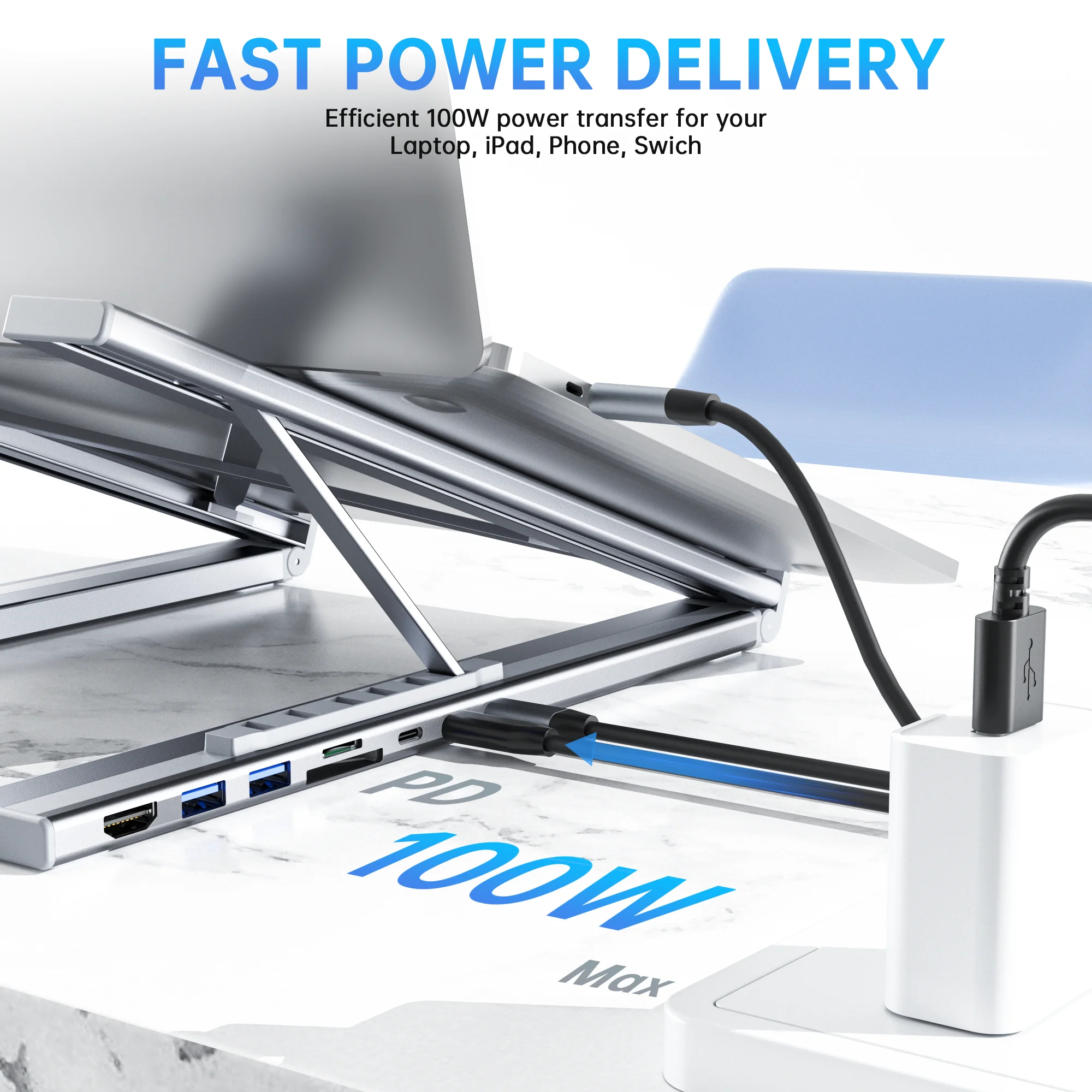 8-in-1 USB-C Laptop Stand With Docking Station Universal USB C Dock Tablet Stand Foldable Type-C Hubs Adapter Plug Play