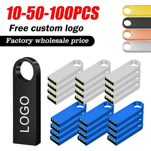 10/50/100 Uds. Unidades Flash de Metal 64GB logotipo gratis negro 32GB Pen Drive 16GB Memory Stick llavero gratis U disco 8GB 4GB regalo 128MB
