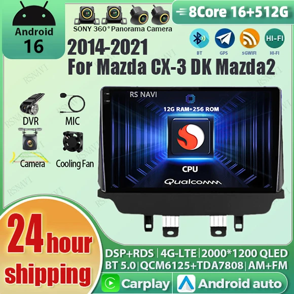 Radio para Auto con Android 16 y Carplay para Mazda CX-3 CX3 2 DK 2014 2015 - 2021 16G - 512G Reproductor Multimedia GPS WiFi+4G Estéreo Qualcomm
