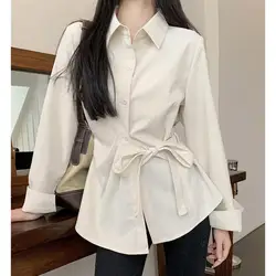 French Long Sleeved Shirt for Women in Autumn 2023 New Chic Shirt Niche Design Lace Up Waist Cinching Slimming Top