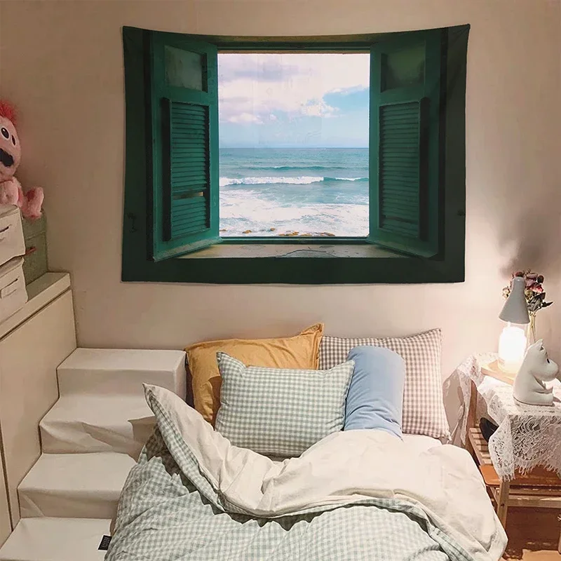 Window sea  room decor aesthetic view hanging cloth blue sea tapestry bedroom decoration bedside wall cloth decoration tapestry