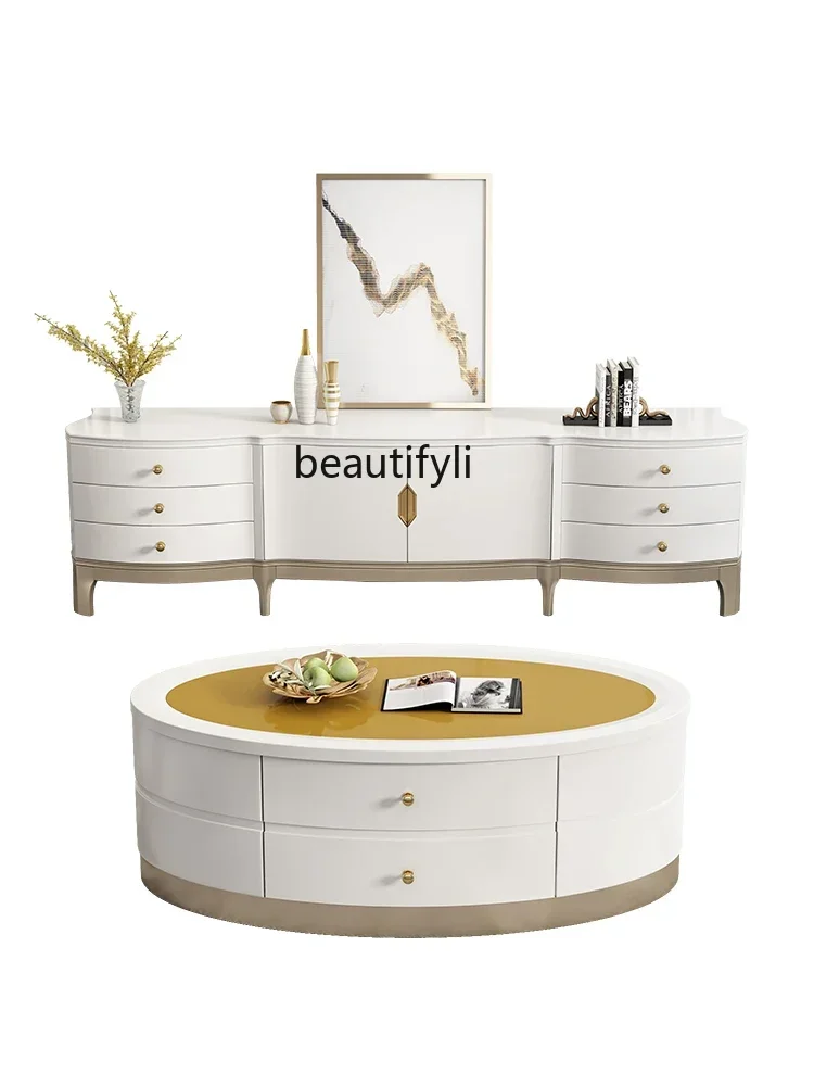 K18 Solid Wood TV Cabinet Coffee Table Combination Modern Living Room Background Wall Cabinet French Small Apartment Floor Cabin