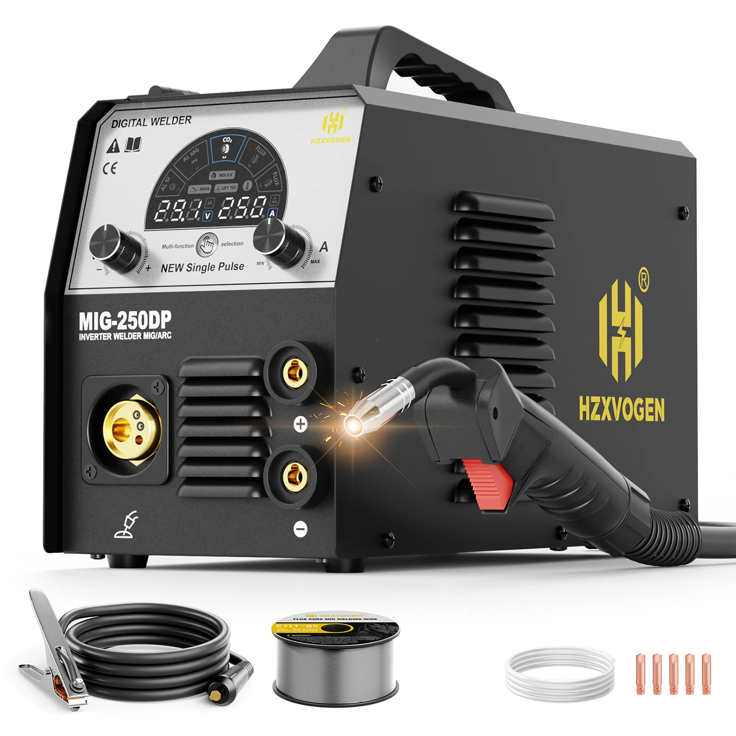 5 IN 1 MIG Welder HZXVOGEN MIG250DP Semi-Automatic Pulse Aluminum Welding Machine MMA MIG MAG LIFT TIG IGBT Inverter 220V Portable Welding Equipment