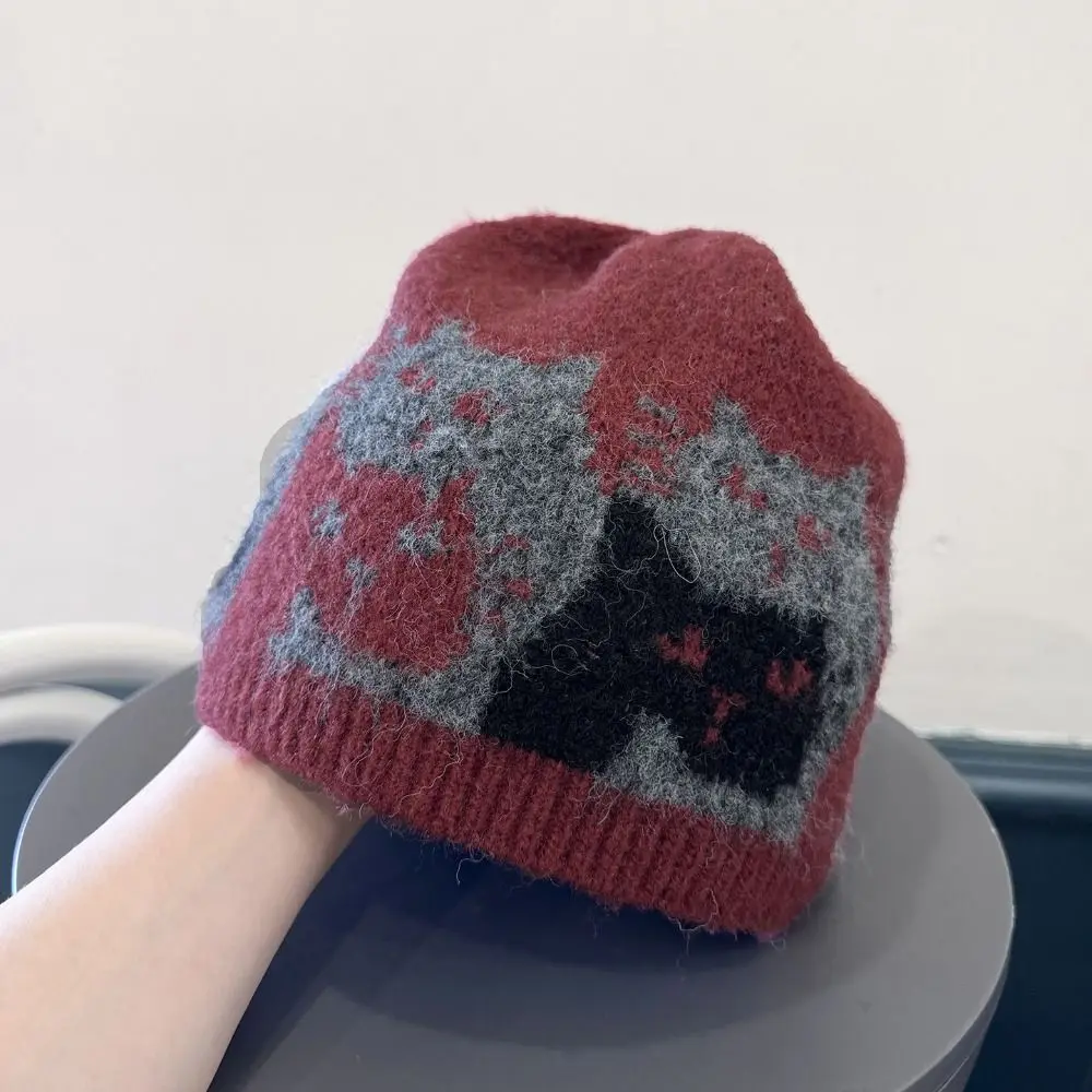 Retro Warm Jacquard Cat Knitted Hat Printed Fair Isle Style Jacquard Pattern Beanies Retro Vintage Printing Knit Cap Autumn
