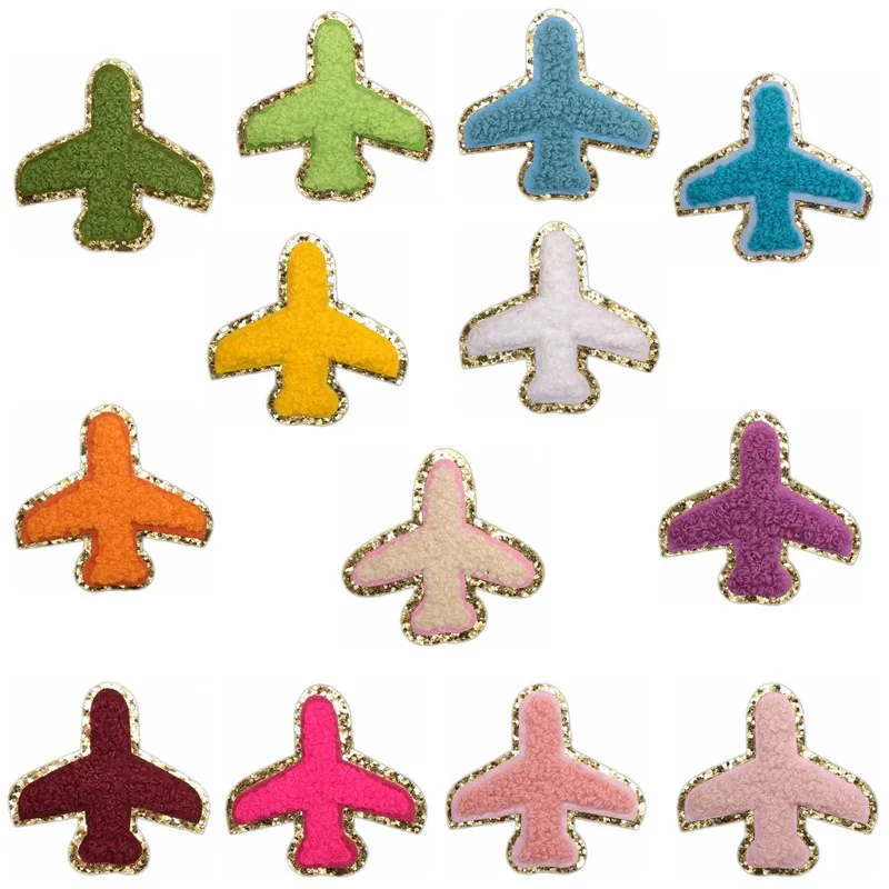 

10pcs Set Colorful Airplane Chenille Embroidered Patch Gold Glitter Embroidered Patch Iron On Patch for bags Clothing Hats