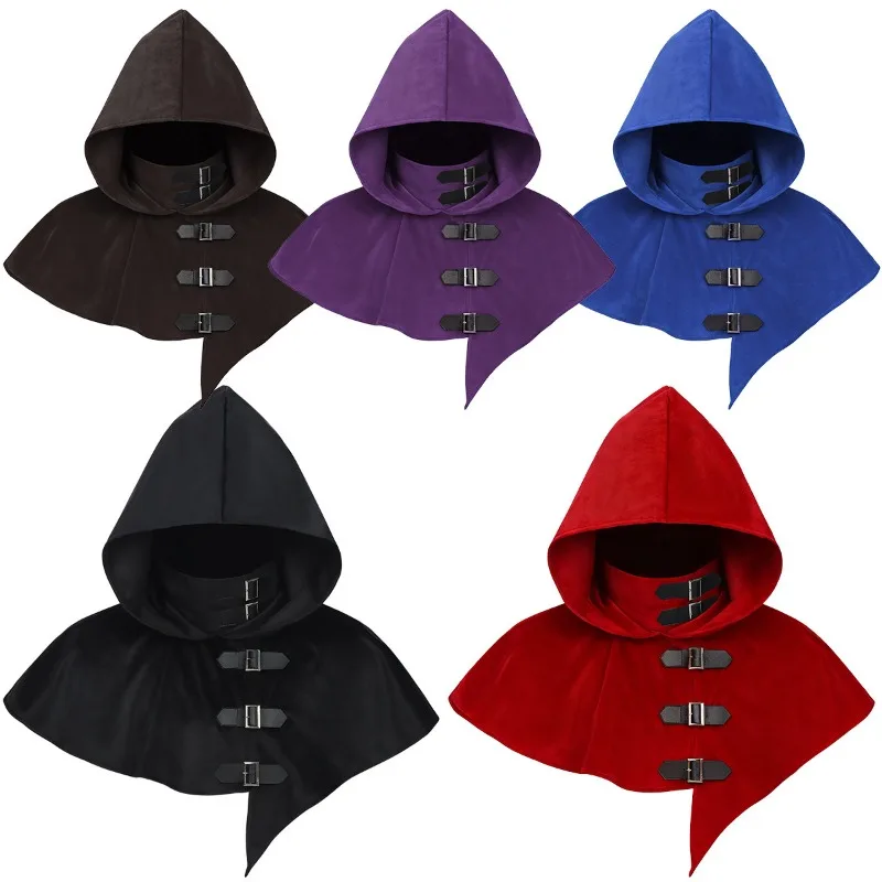 

European medieval hooded cape vintage buttoned shoulder mantle cloak headpiece suede robe stage performance pirate hat