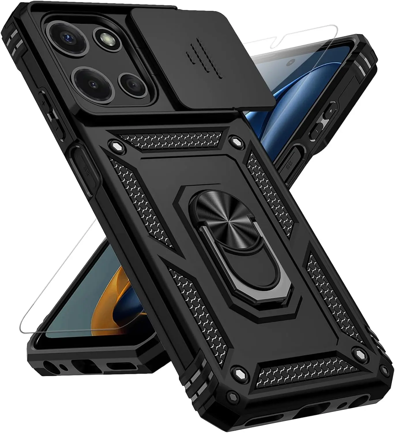 

Military Grade Phone Case with Slide Camera Cover, HD Screen Protector & 360° Kickstand - Black
