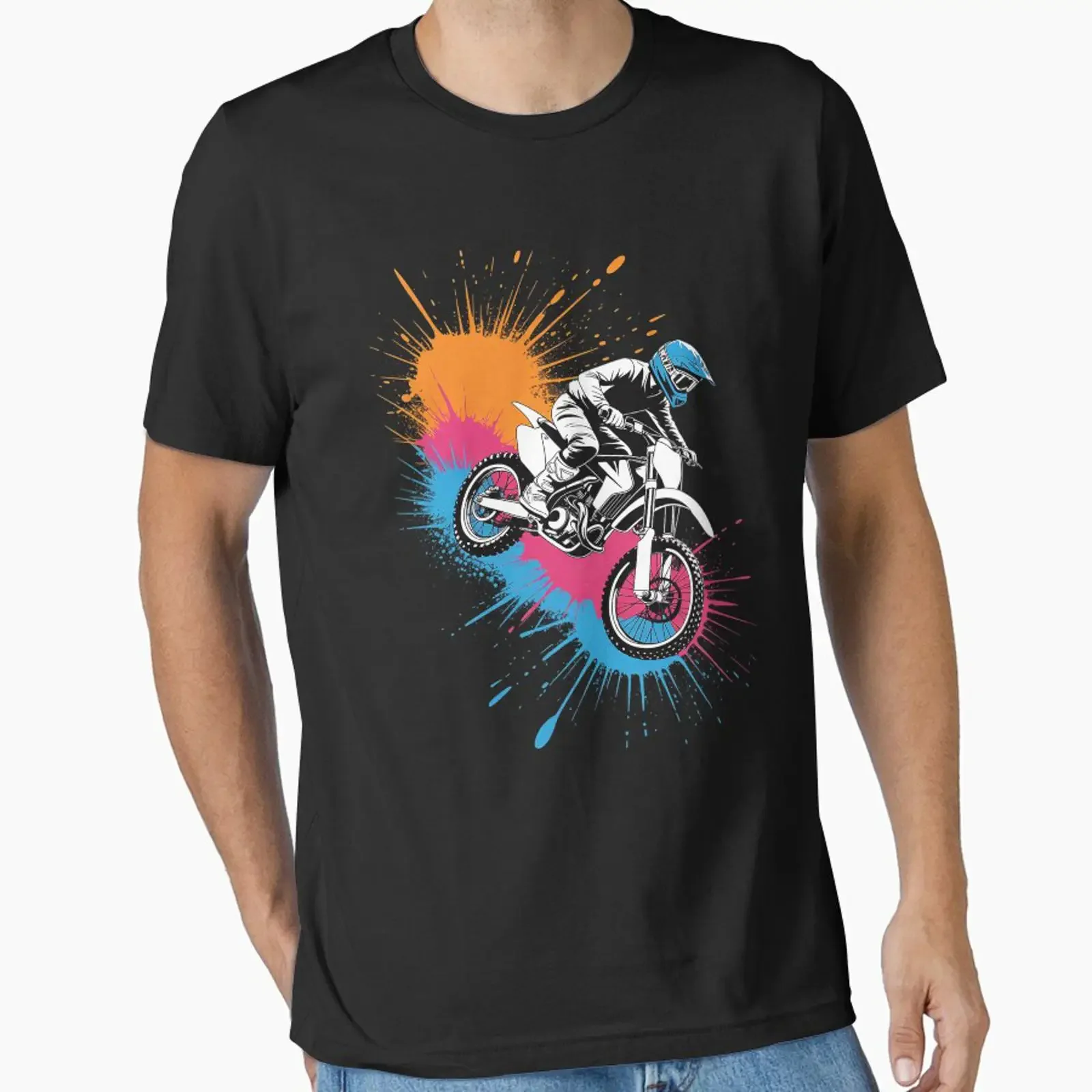 Motocross color explosion Essential T Shirt vintage Washed designer clothes Breathable Unisex homme Versatile Slightly