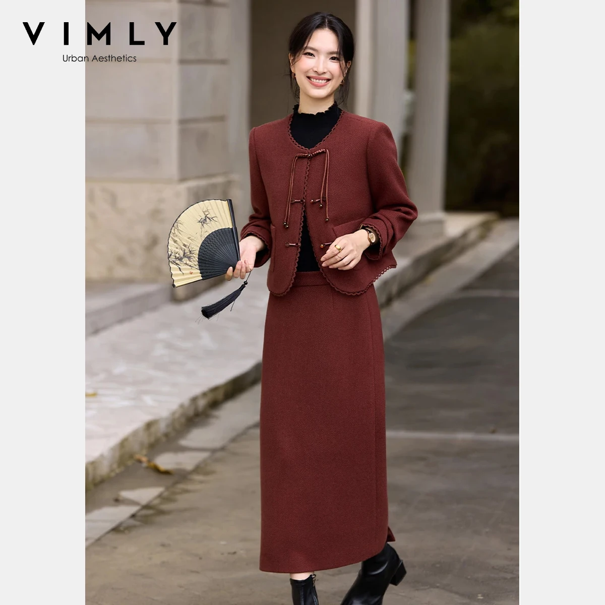 

VIMLY Women's 2 Piece Set 2025 Autumn Chinese Style High Waist Skirt & Lace Panel Tassel Buttons Top Fashion Casual Outfit A3168