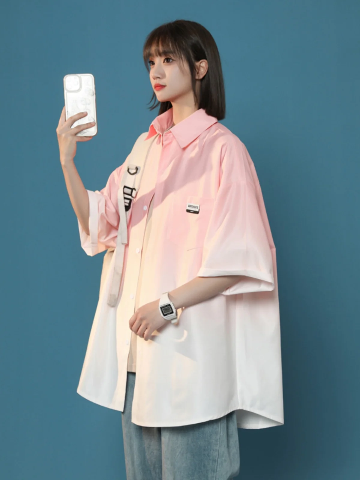 

Salt Series Boyfriend Sle Dyed adient ort Sve irt Men Summer Heavyweight Stand Collar Workwear Jaet f Sve