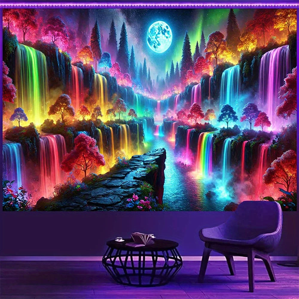 Enchanted Forest Tapestry with Rainbow Waterfalls for a Magical and Colorful Home Decor