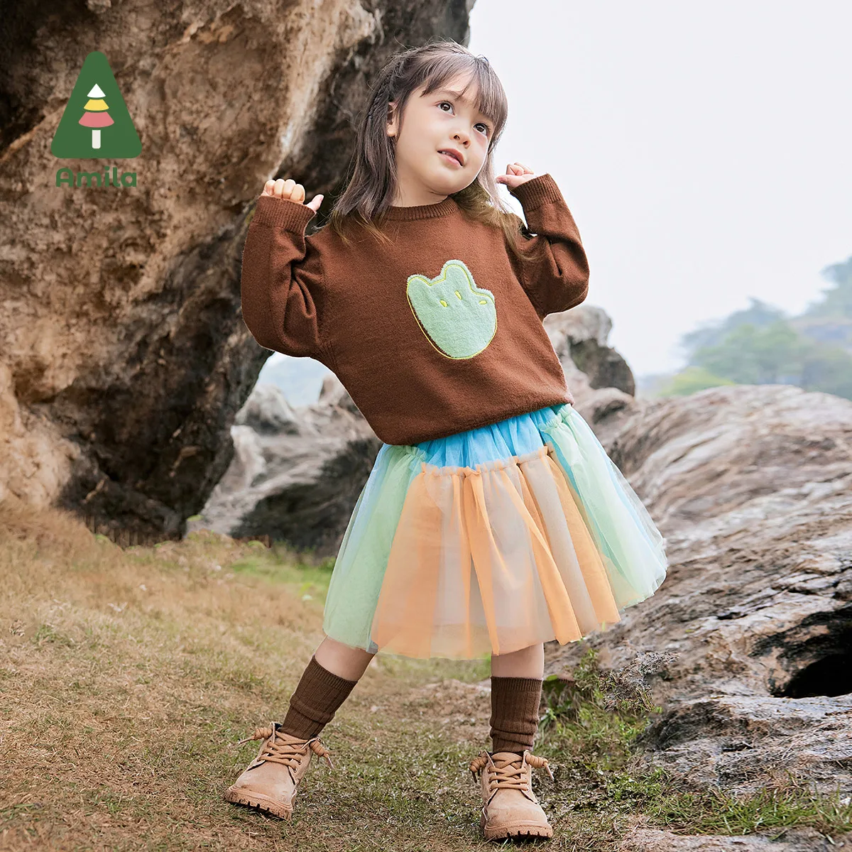 Amila Baby Skirt 2024 Autumn New Girls High Quality Asymmetric Splicing Contrasting Mesh Fluffy Multi-Color Children’S Clothing