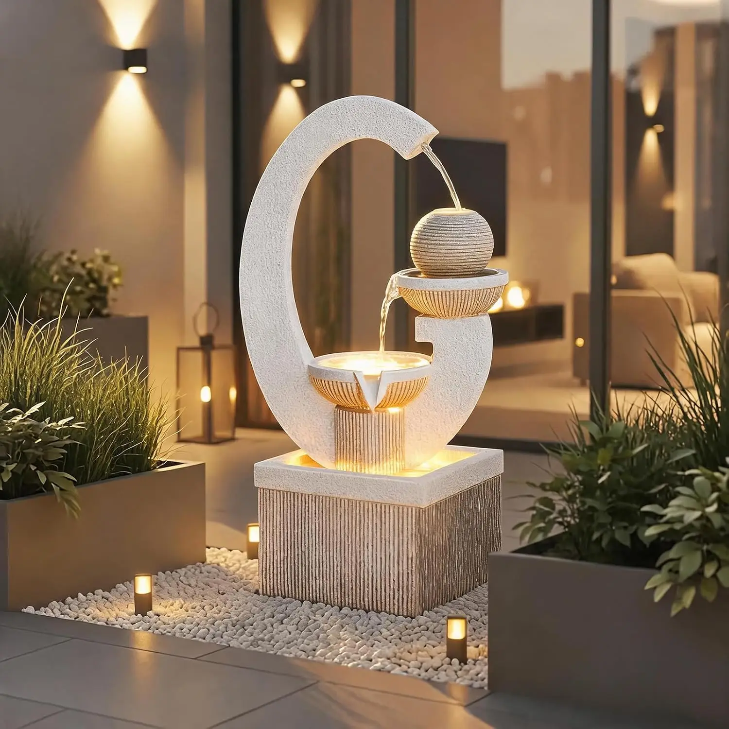 31'' H Modern Outdoor Fountain Resin Garden Water Feature with LED Light for Patio Deck Porch Backyard Home Decor, Custom