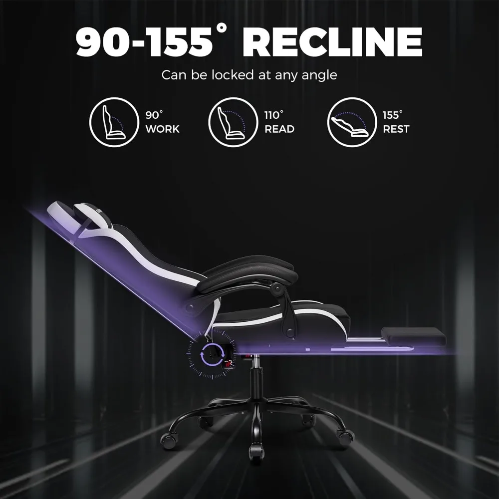 كرسي ألعاب مريح للبالغين مع مسند قدم قابل للتعديل و90-155 °   استلقاء لألعاب الكمبيوتر