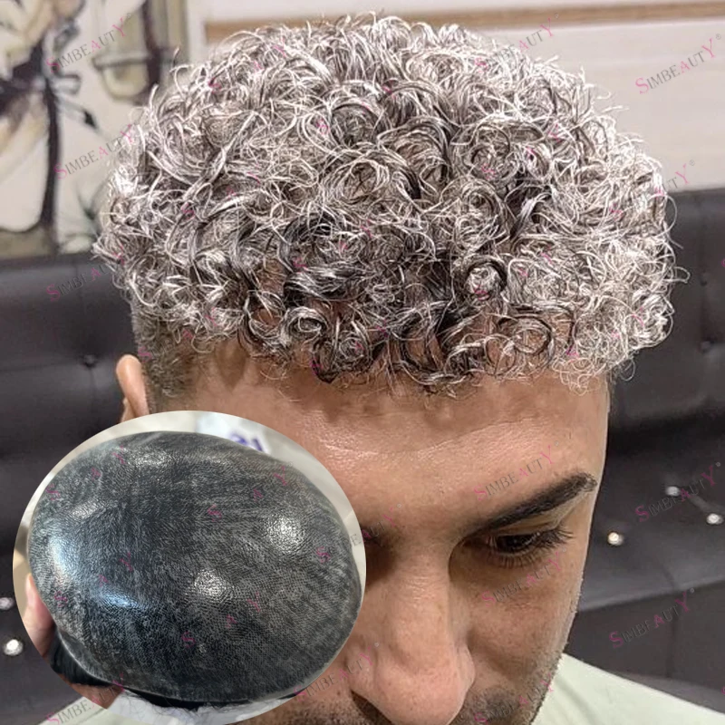 

Необнаружимый старик 15 мм, афро вьющиеся 1B80 1B65, серая система человеческих волос, протез, естественная линия волос, европейские черные мужские парики