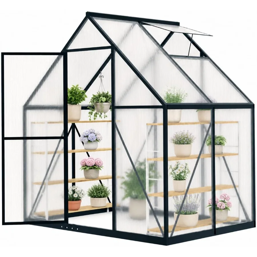 Feet Small Polycarbonate Greenhouse, Walk-in Greenhouses for Outdoors, Aluminum Frame Plant Green House with Locking Door and R