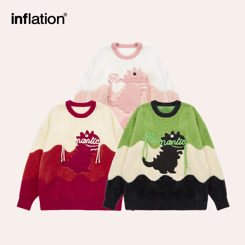 INFLATION Cute Cartoon Embroidery Sweaters Unisex Colorblock Knitwear Jumpers Mens Hip Hop Pullovers