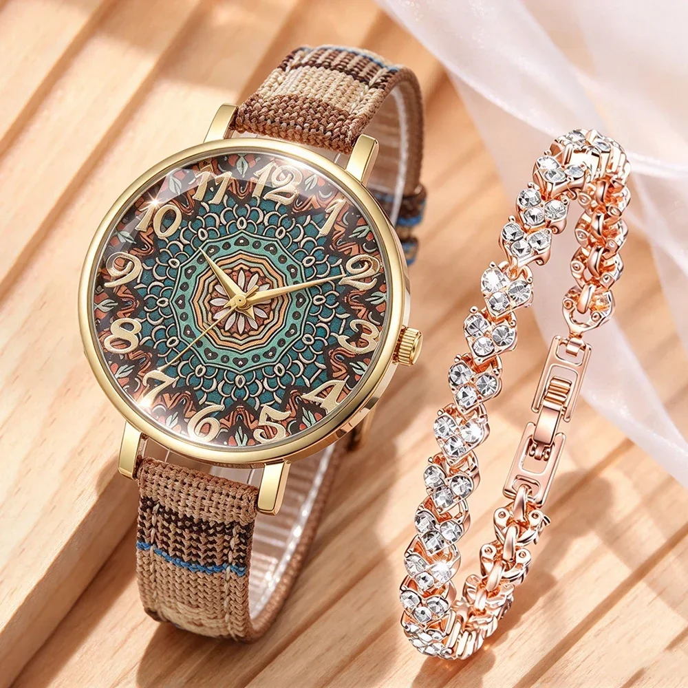 2Pcs Set Bohemian Mandala Floral Dial Women Quartz Watch + Rhinestone Bracelet Canvas Strap Fashion Wristwatch for Ladies Gift