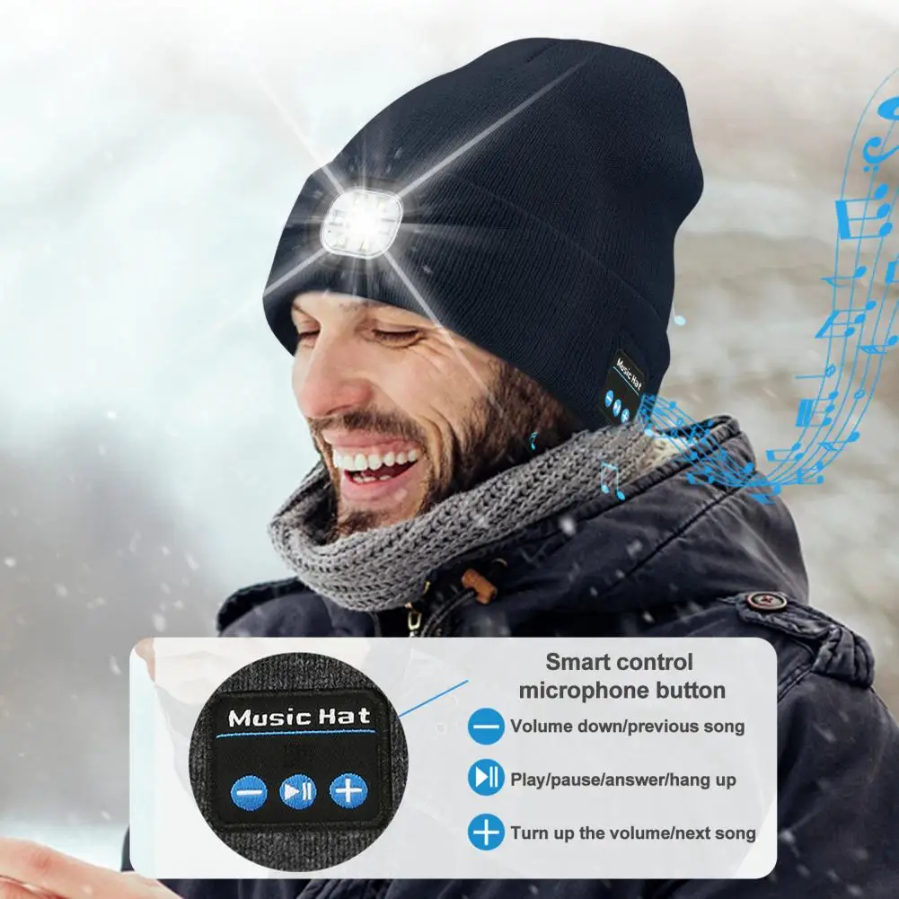 Bonnet Bluetooth aste activé par les appels musicaux, bonnet d\'hiver LED avec éclairage haute luminosité, musique sans fil pour le camping