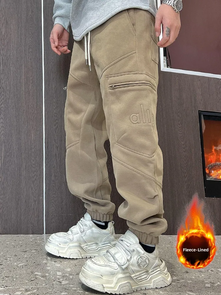 

Модные рабочие брюки для мужчин: зимние утепленные свободные брюки-карго с флисовой подкладкой, большими карманами и молниями на манжетах
