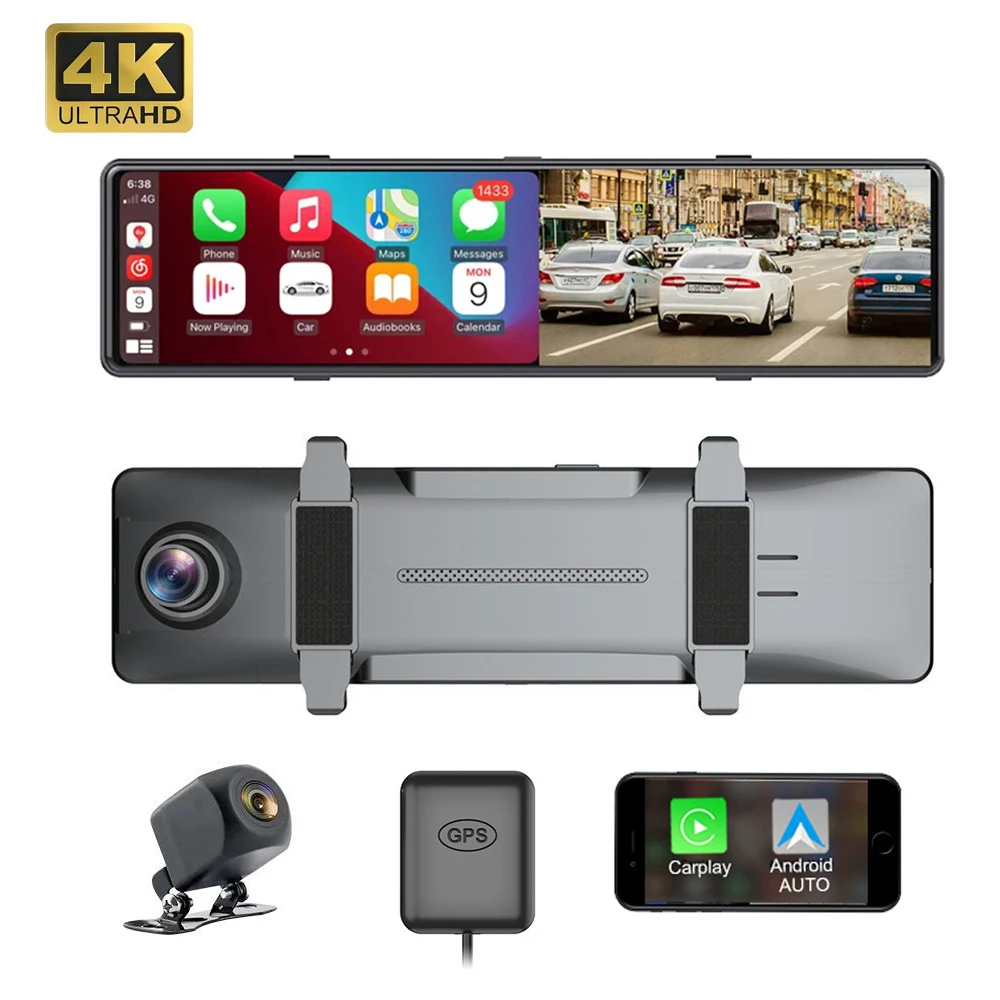 Rearview Mirror Dash Cam 4K+1080P Dual Lens Car DVR Mirror With Carplay & Android Auto GPS Tracking 5G WIFI Bluetooth FM AUX