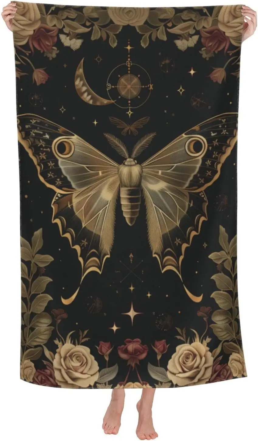 Gothic Moth Beach Towel, 32x52in Microfiber Quick Dry Moon Goth Floral Celestial Flower Retro Bath Towels, Soft Lightweight
