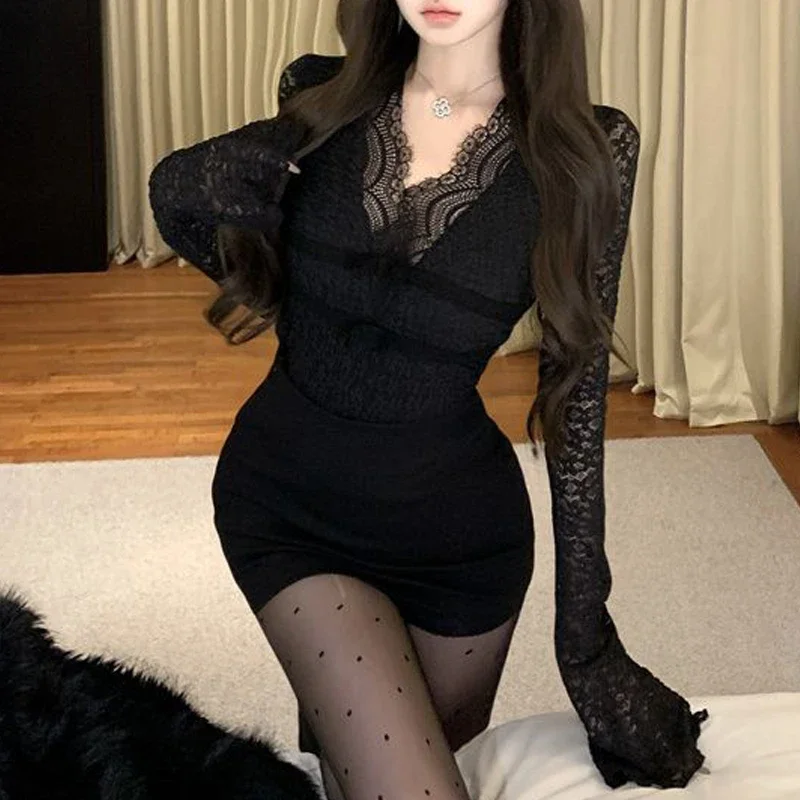 

Women Clothing Autumn Winter Korean Sexy V Neck Lace Club T Shirt Sweet Chic Bow Slim Tees Elegant Solid Long Sleeve Fairy Tops