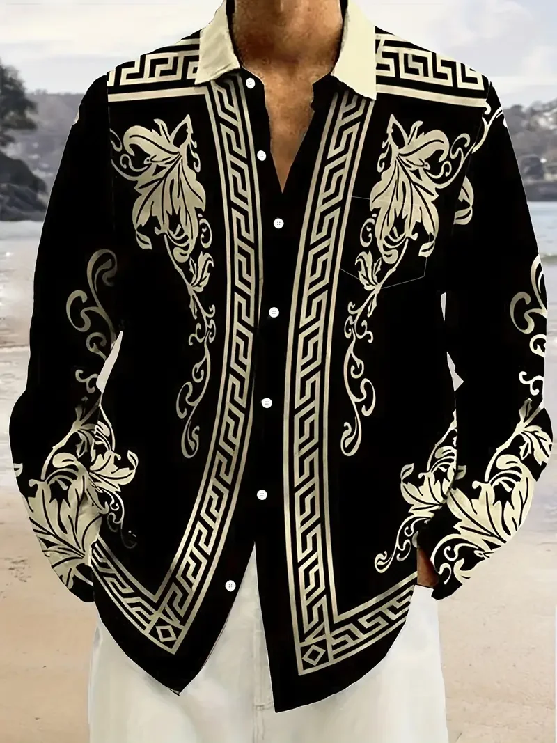 

Men's retro long sleeved shirt, luxurious gold Baroque chain pattern printed fashion long sleeved top for spring and autumn