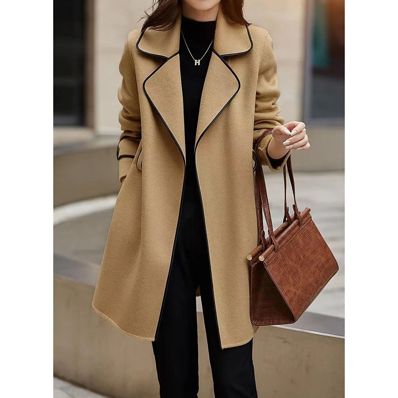 Autumn Winter Girls Patchwork Baggy Jacket Female Chic Woolen Blends Coats Women Fashion Designer Mid-Long Clothes