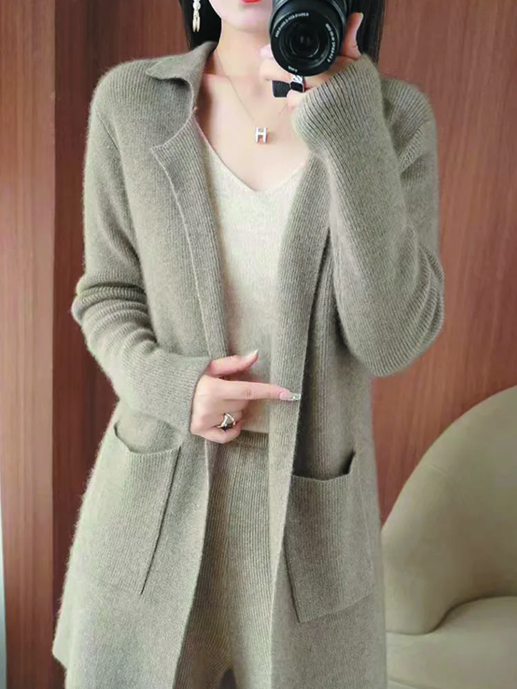 Autumn Winter Women Fine Wool Sweater Suit Collar Long Cardigan Cashmere Outwear Knitwear Long Sleeve Bottoming Clothing Tops