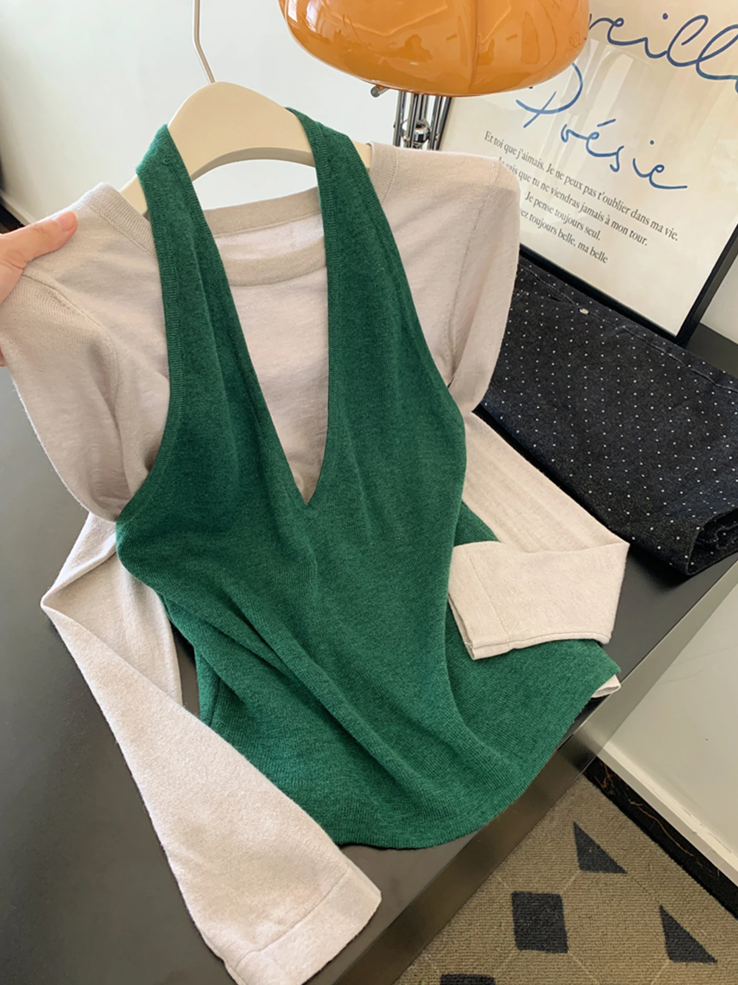 

Korean Sle Women's Knitted Two-Piece Set Ne Hanging Base Top Long Sve Soft Comfortable Casual round Ne Daily Wear