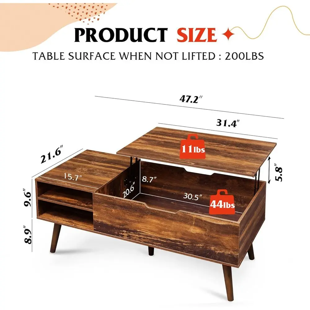 Adjustable Shelf 47 Lift Top Coffee Table with Hidden Compartment, Rustic Oak Dining Option for Living Room