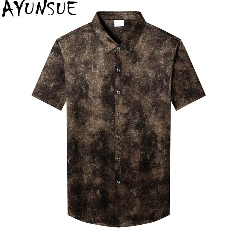 AYUNSUE 92.5% Mulberry Silk Shirts for Man Summer Fashion Clothing Printed Short Sleeve Tops Casual Business Silk Men Shirt 셔츠