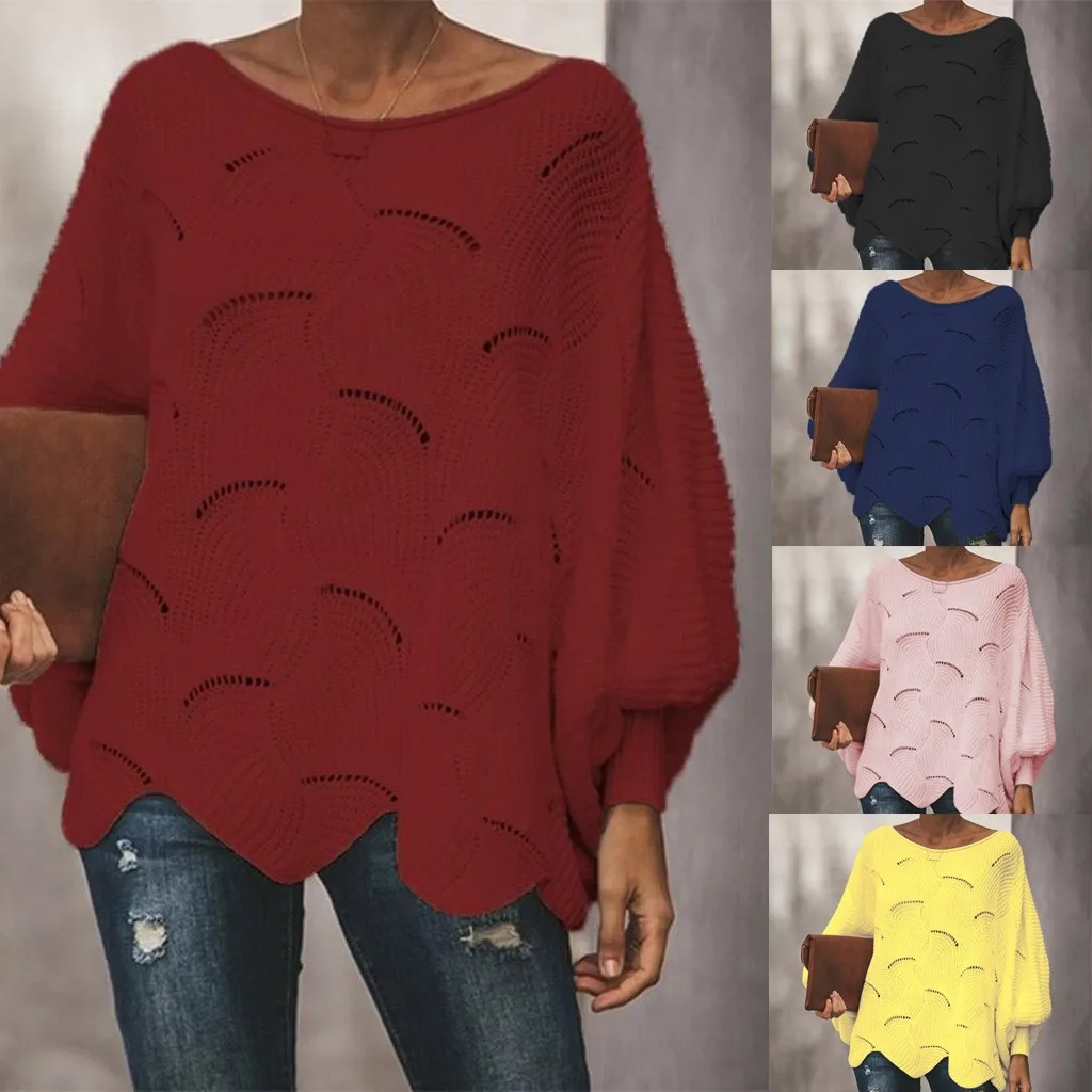 Women Sweater Boat Neck Batwing Sleeve Blouse Hollow Out Loose Knitwear Casual Solid Pullover Solid Color Casual Hollow 2026 T1