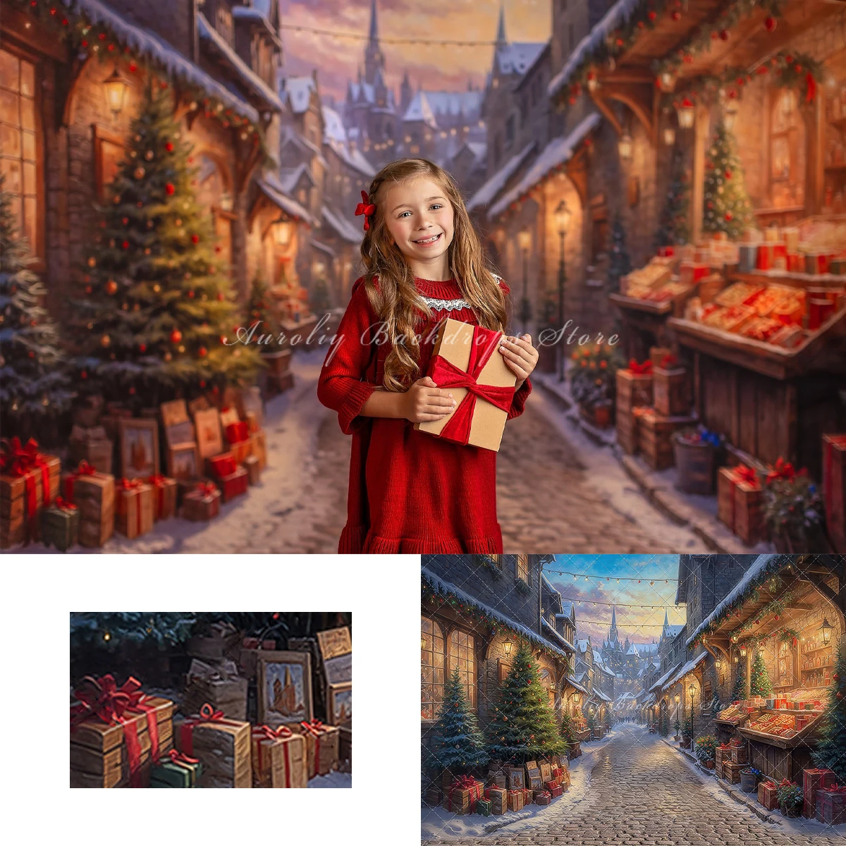 Holiday Market Backgrounds Kids Adult Photography Props Child Baby Decor Studio Photo Christmas Street View Gravel Road Backdrop