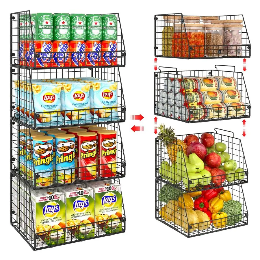 

4 Pack XXL Stackable Wire Storage Basket, Extra Large Capacity Pantry Organizer and Storage, MutiPurpose for Vegetable Fruit Bas