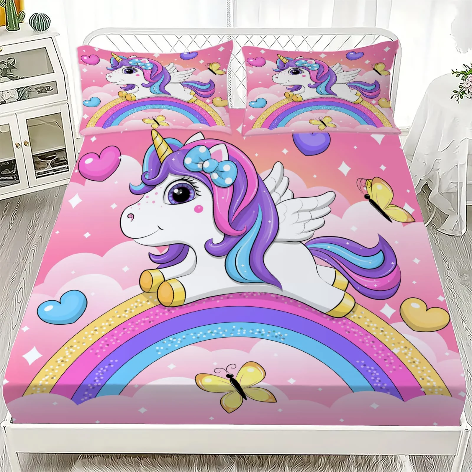 1pc Cartoon Unicorn on Rainbow Print Fitted Sheet Deep Pocket Elastic Mattress Cover Single Double Queen King Bedroom Decor