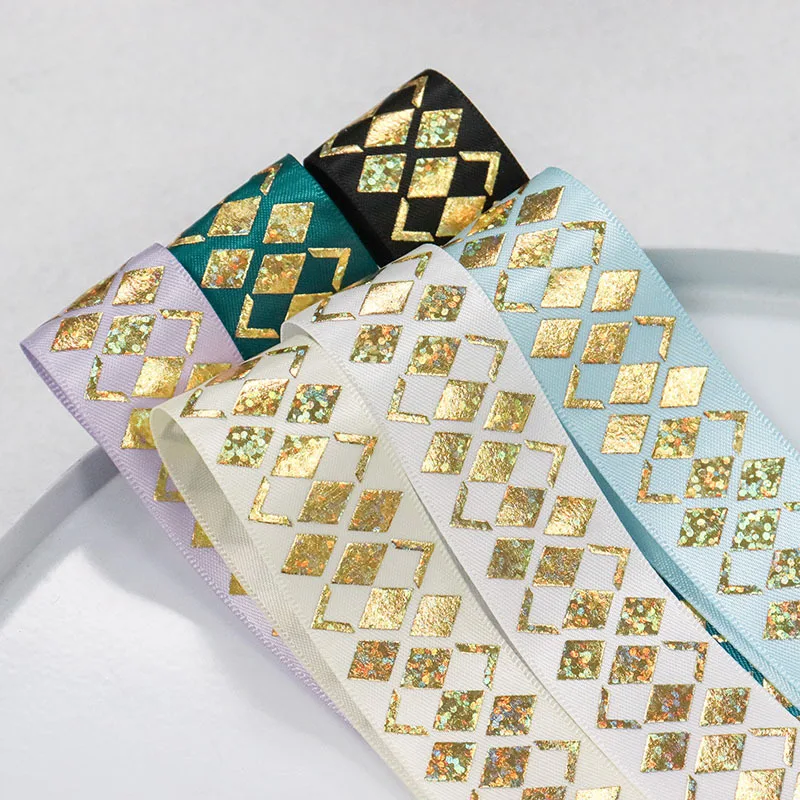 25mm Hologram Gold Foil Diamond Rhombus Satin Ribbon 50 Yards/Roll for Badge Gift Cake Wrapping DIY Craft