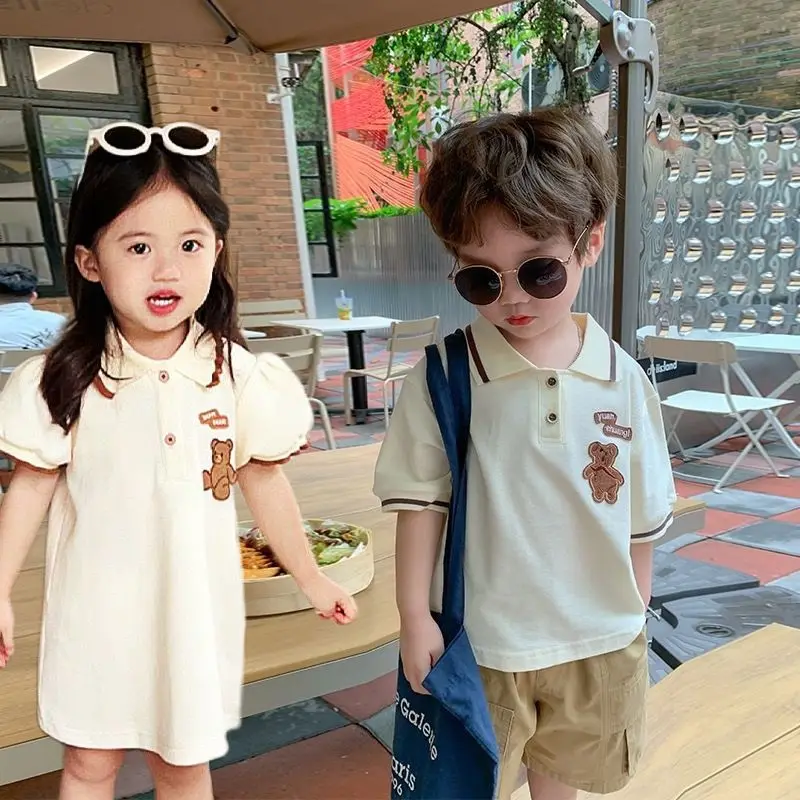 New Brother Sister Suit Kids Bear Set Boys Gentleman Suit+Girls POLO Dress+Girls Skirt Suit Toddler Party Family Outing Leisure