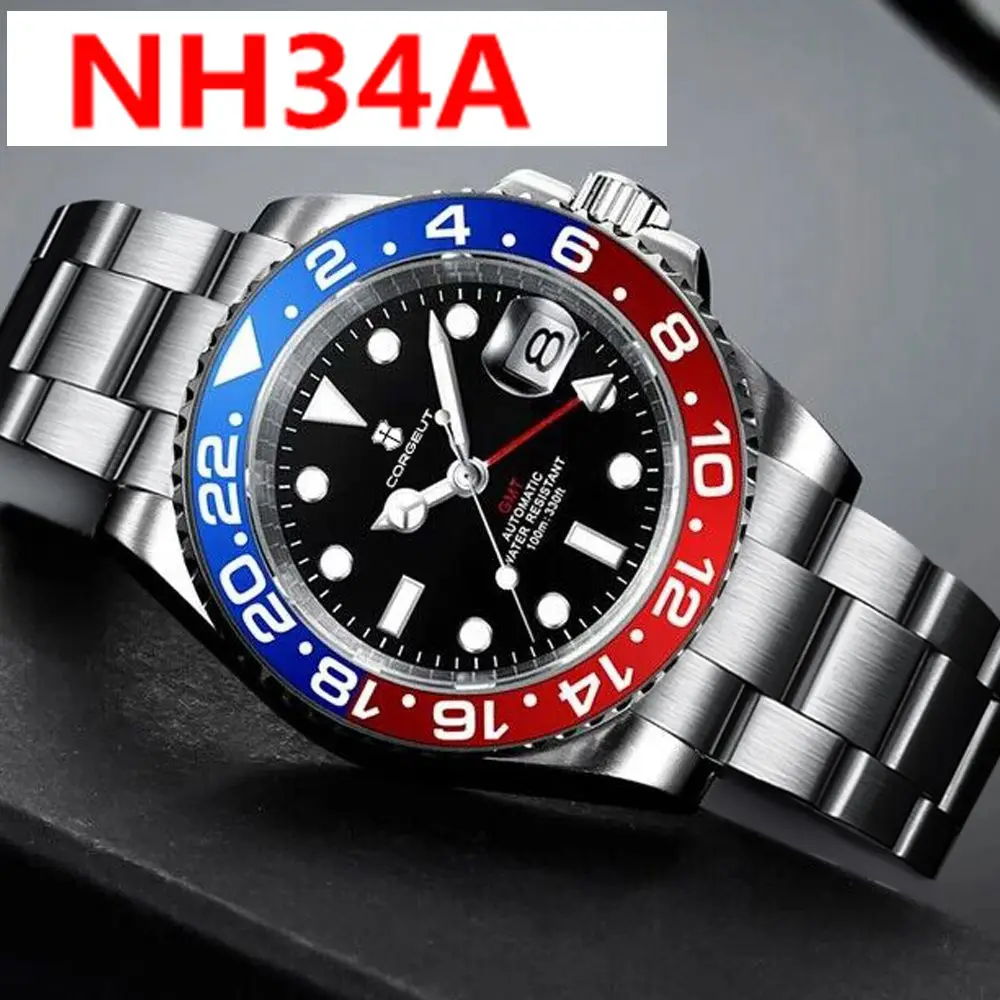 

40mm NH34 Movement Automatic Watch For Men GMT Function Black Dial Sapphire Crystal Date Oyster Bracelet Corgeut Reloj 10BARS