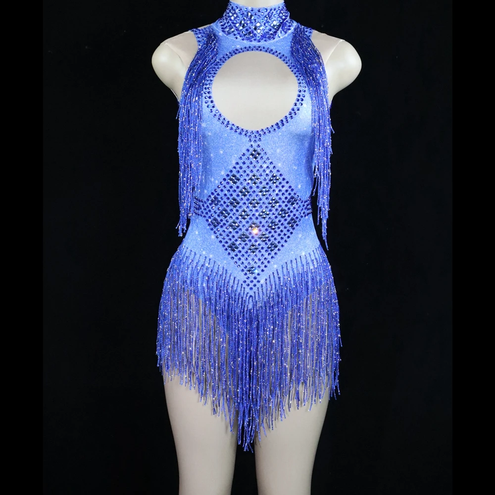 Leotard elástico com strass brilhantes e franjas, traje de dança, show de desempenho, traje do palco, bodysuit, roupa de festa, roupa dançarina cantora