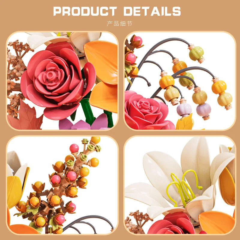 

Simulated Bouquet Building Blocks Rose Lily Preserved Flowers Assembly Model Home Decoration Ornament Girl Holiday Gift 13121