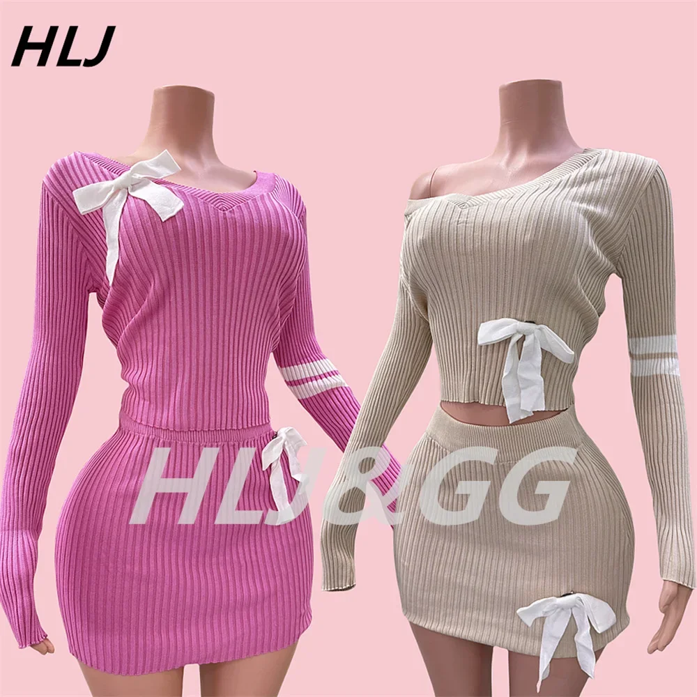 

HLJ Sweet Bow Knitting Two Piece Sets Women V Neck Long Sleeve Slim Top And Mini Skirts Outfits Fashion Solid Stretchy Clothing