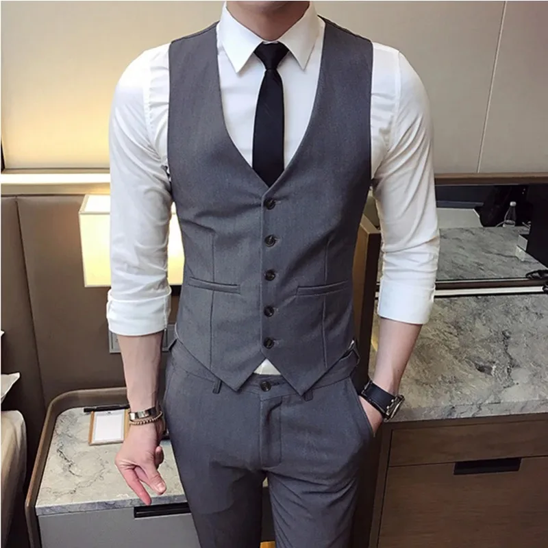 

Модные мужские однобортные жилеты для костюма, серые, черные, высококачественные, приталенные, для делового и повседневного стиля, большие размеры до 7XL