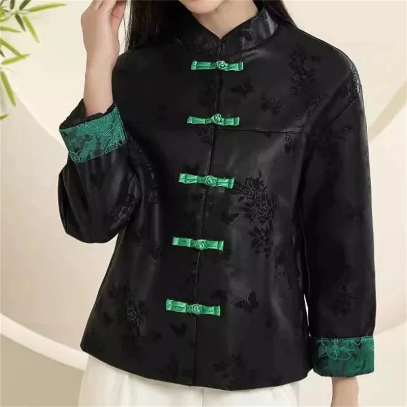 Chinese-style Leather Jacket Women's Vintage Short Coat Coil-buckle Stand-up Collar Top Printed Loose PU Outerwear Spring Autumn