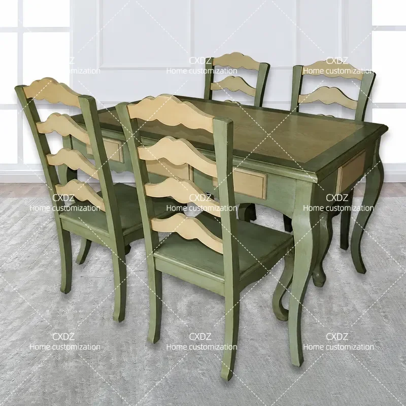 Retro Green Dining Table and Chairs Set Household Painted Furniture Rural Style Multi Functional Rectangular Kitchen Table