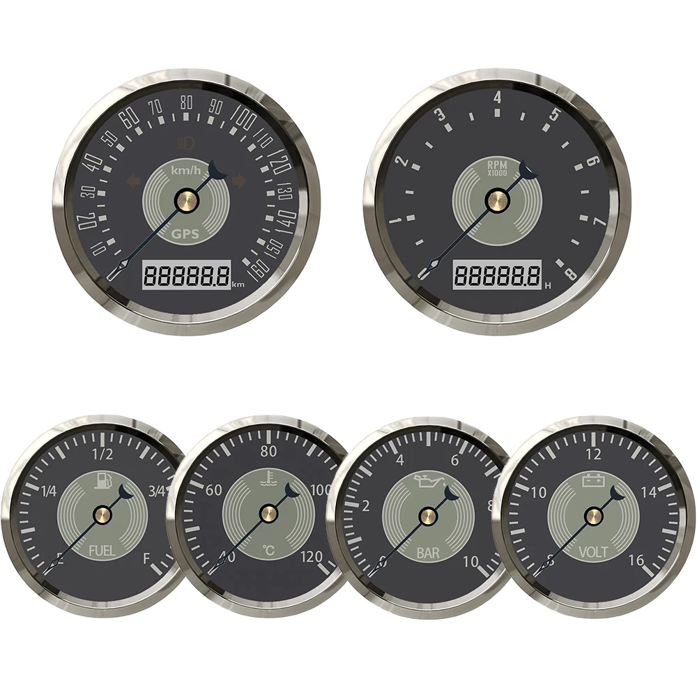 ELING 6 Gauge Set 85mm 0-160km/h GPS Speedometer + Tachometer 0-8000RPM +52MM Fuel Level Water Temp Oil Pressure Voltmeter 12V
