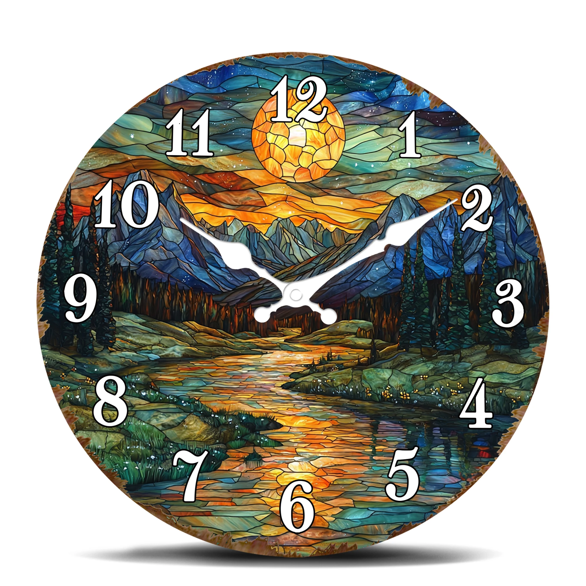 Stained Glass Mountain River Sunset Wall Clock, Artistic Landscape Decorative Round Clock, Silent Non-Ticking Ornamental Timepie